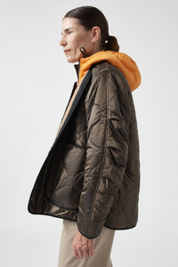 Quilted Zip Hood - Dark Olive / Clementine