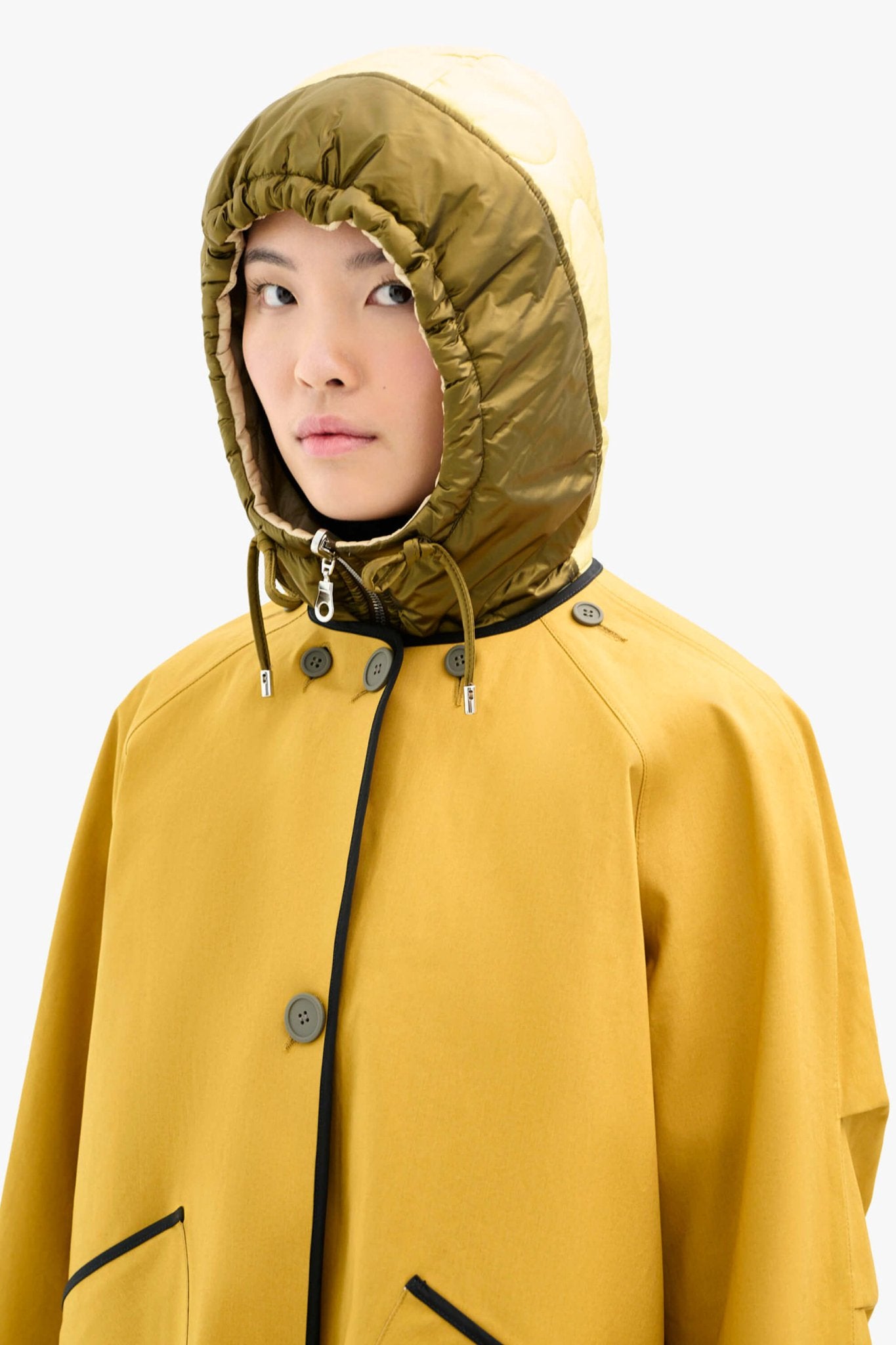 Reverse side with modular hood worn over head - Antique Gold Zip Hood