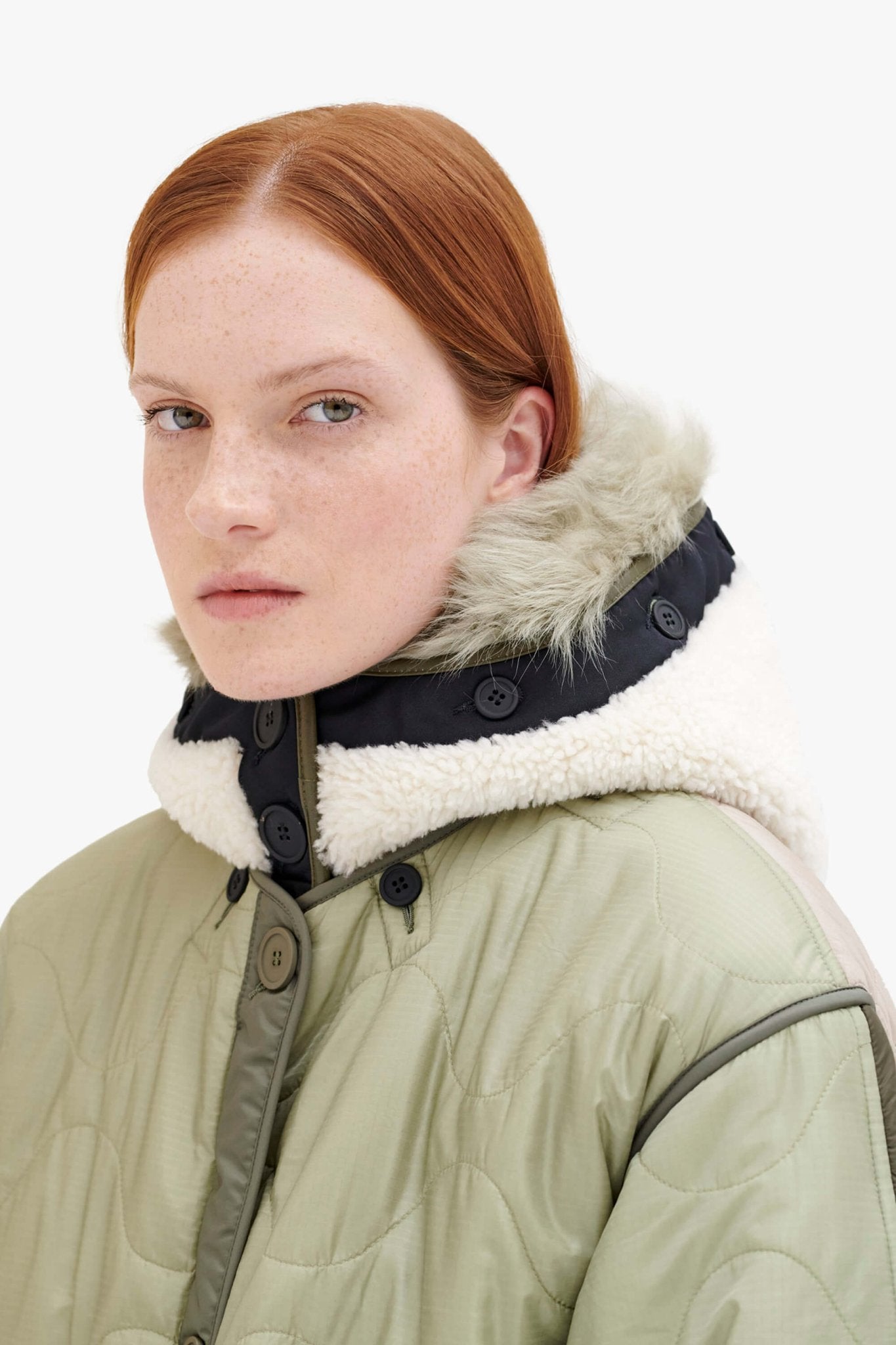 Shearling Leather Quilt Hood - Natural / Dark Olive