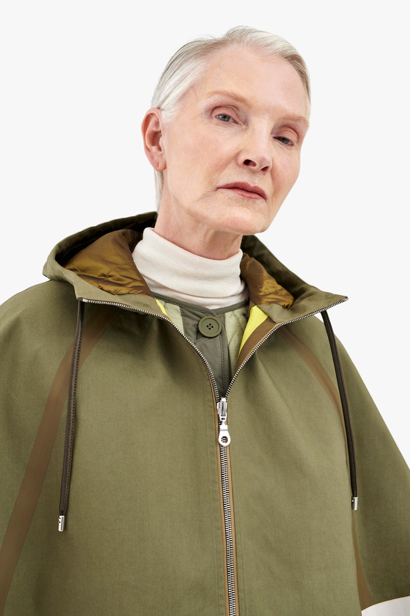 Weatherproof Bonded Hooded Cape - Olive / Chartreuse & Antique Gold