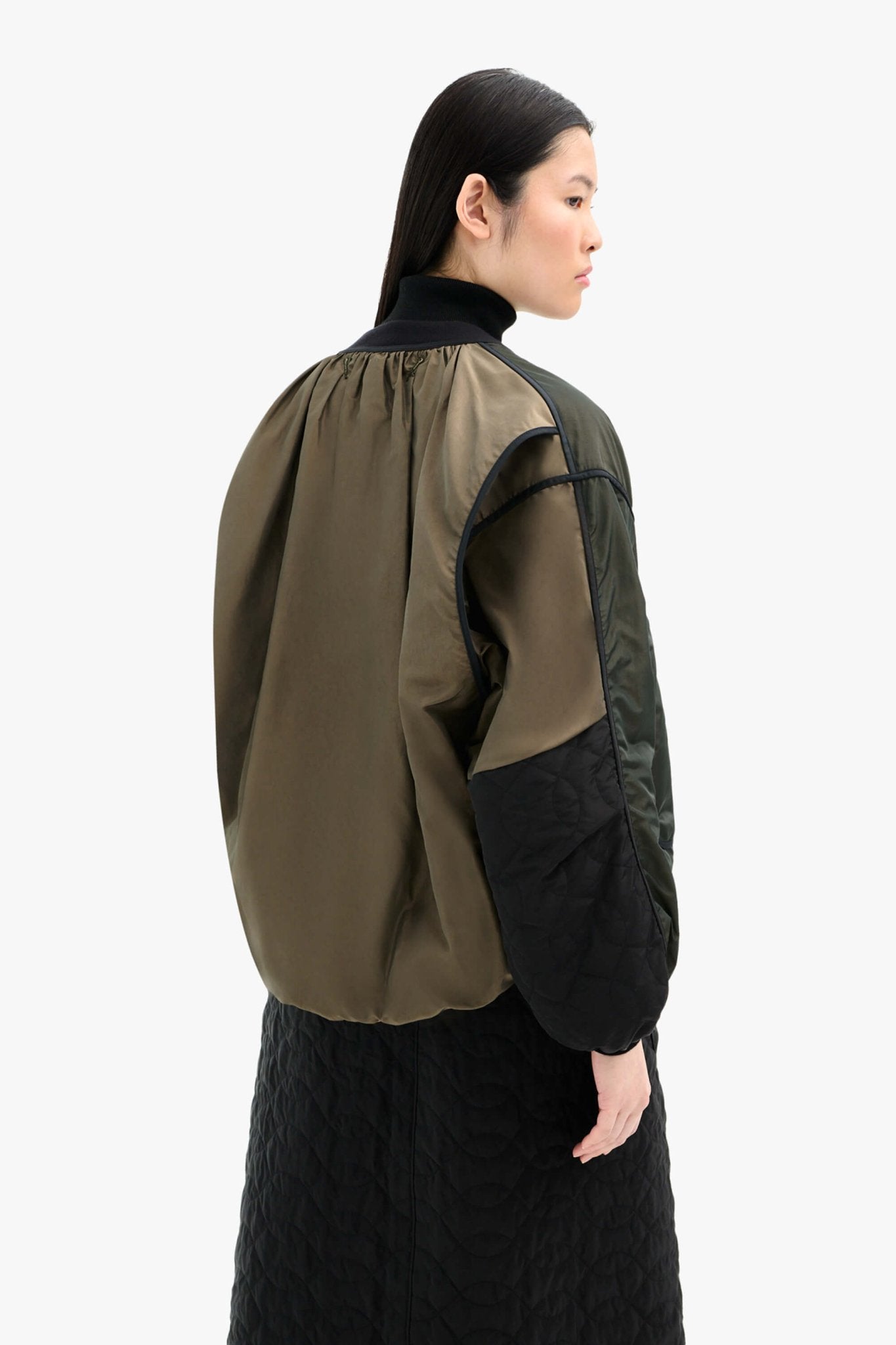 Silk Nylon Quilt Flight Bomber - Dark Olive / Peat