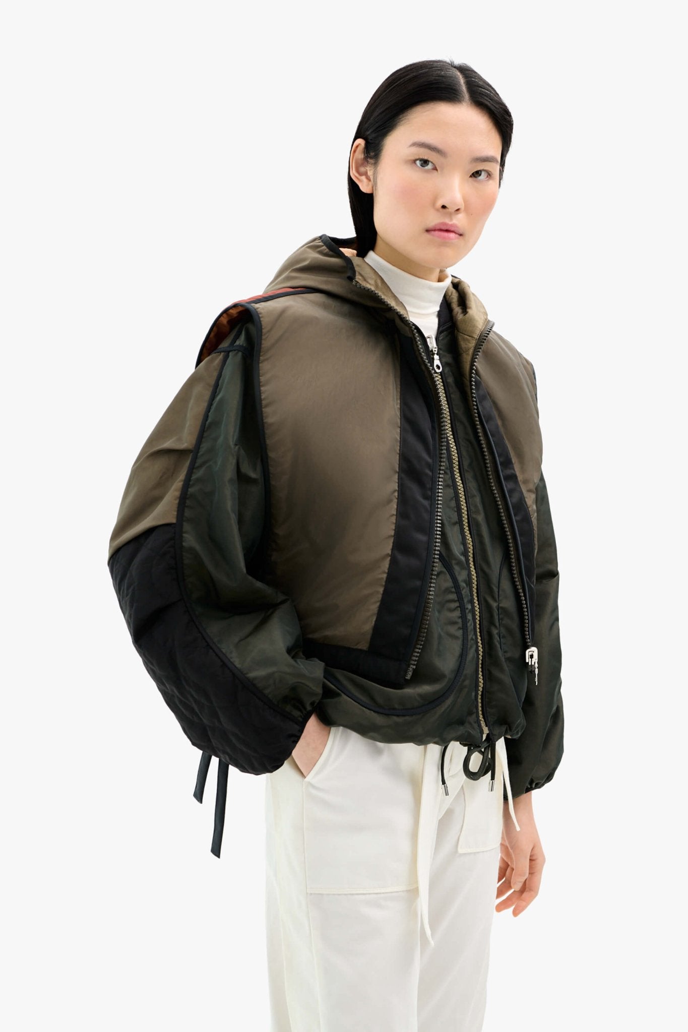 Silk Nylon Quilt Zip Hood - Peat / Burnt Orange