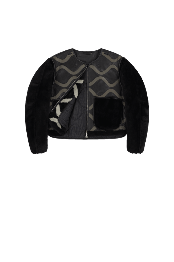 Intarsia Shearling Cropped Aviator Jacket - Black / Black - Layer 1