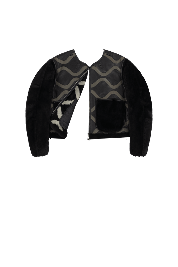 Intarsia Shearling Cropped Aviator Jacket - Black / Black - Layer 6