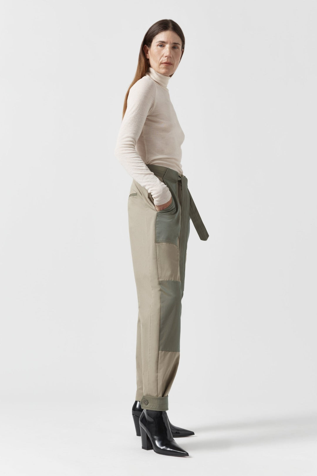 Patchwork Tapered Trousers - Olive / Dark Taupe
