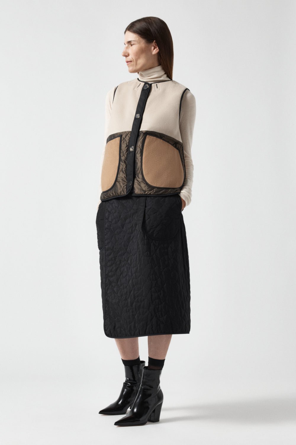 Signature Patchwork Wool Vest - Stone & Mocha Brown / Stone