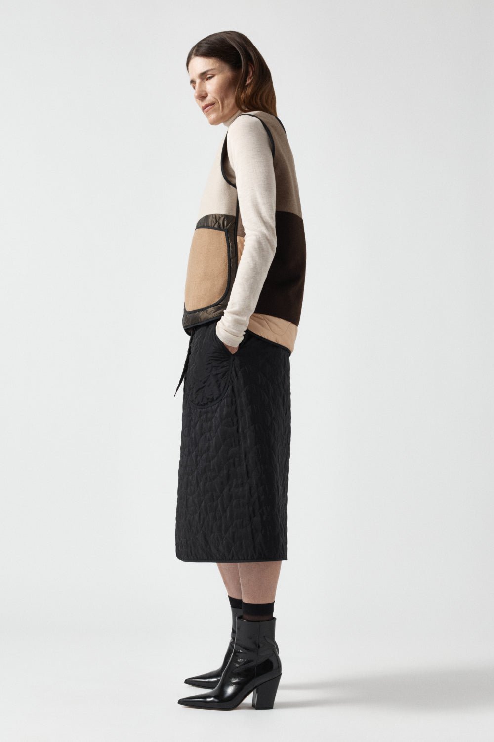 Signature Patchwork Wool Vest - Stone & Mocha Brown / Stone