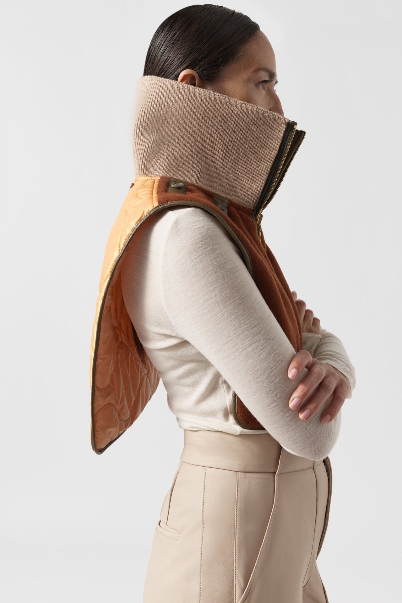 Wool & Leather Zip Collar - Moss & Mocha Brown / Camel & Sienna