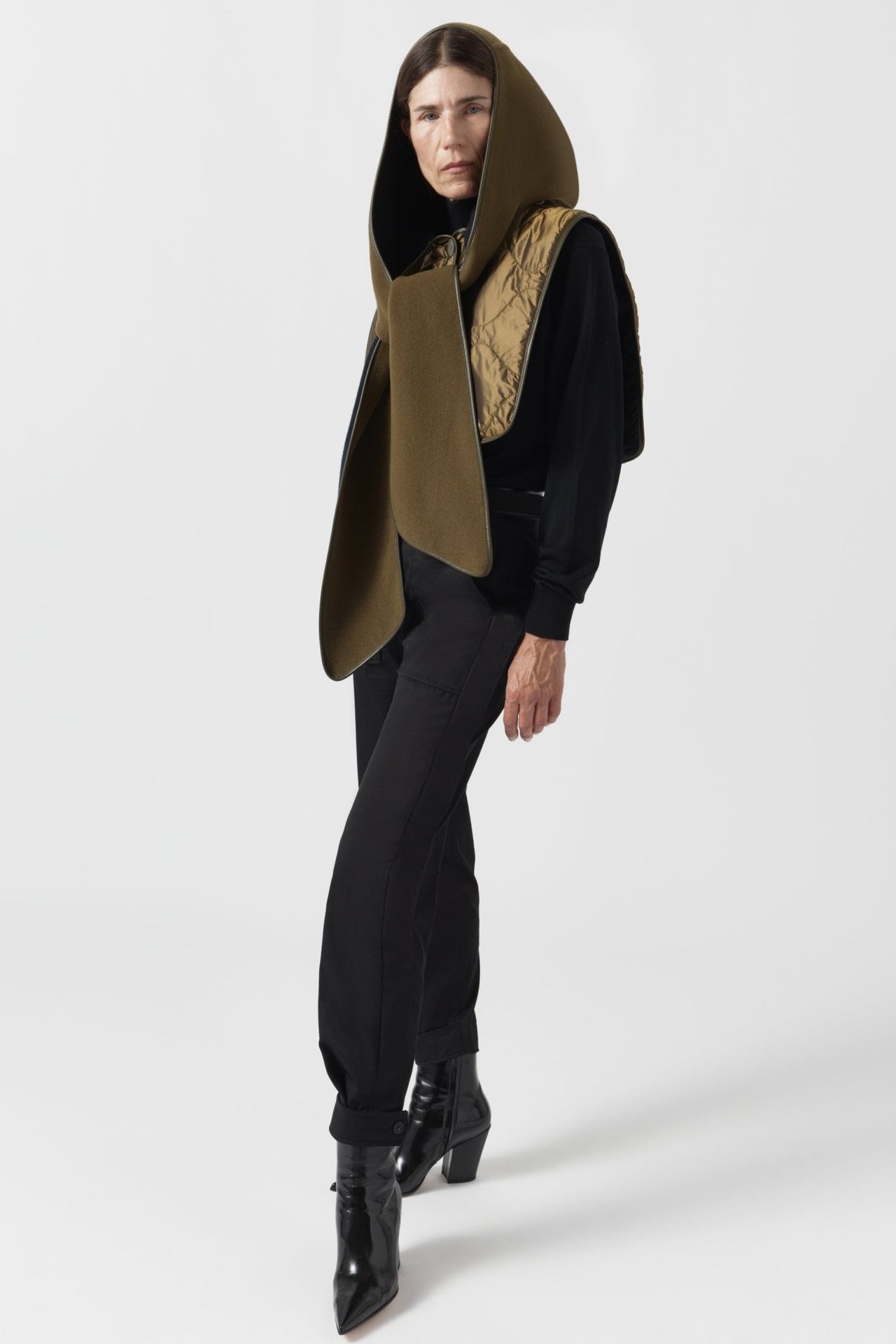 Wool Cashmere Hooded Scarf - Olive / Navy