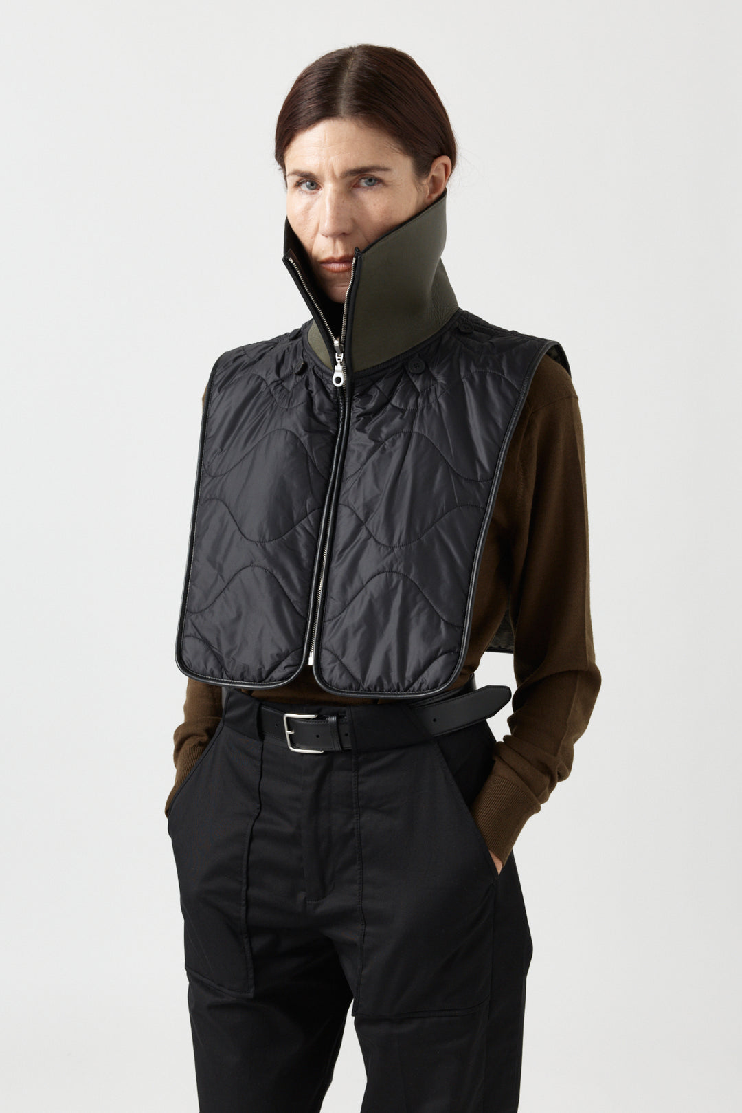 Wool & Leather Zip Collar - Dark Olive & Black / Black & Navy