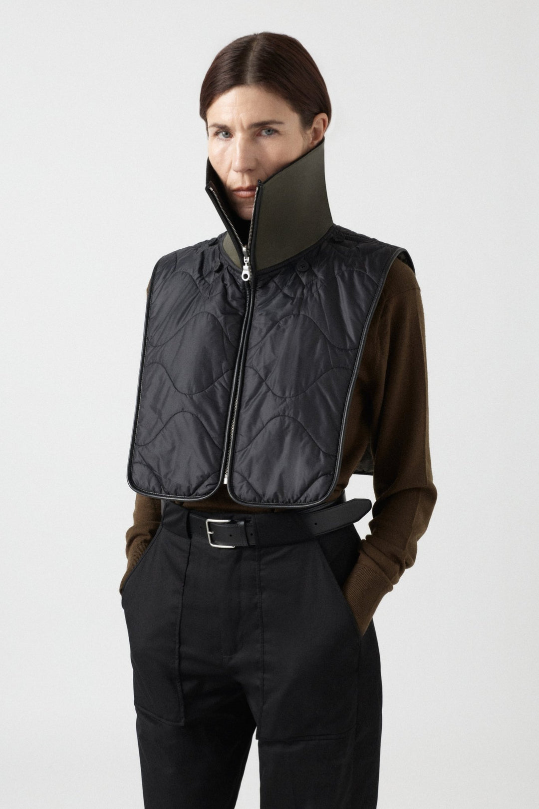 Wool & Leather Zip Collar - Dark Olive & Black / Black & Navy