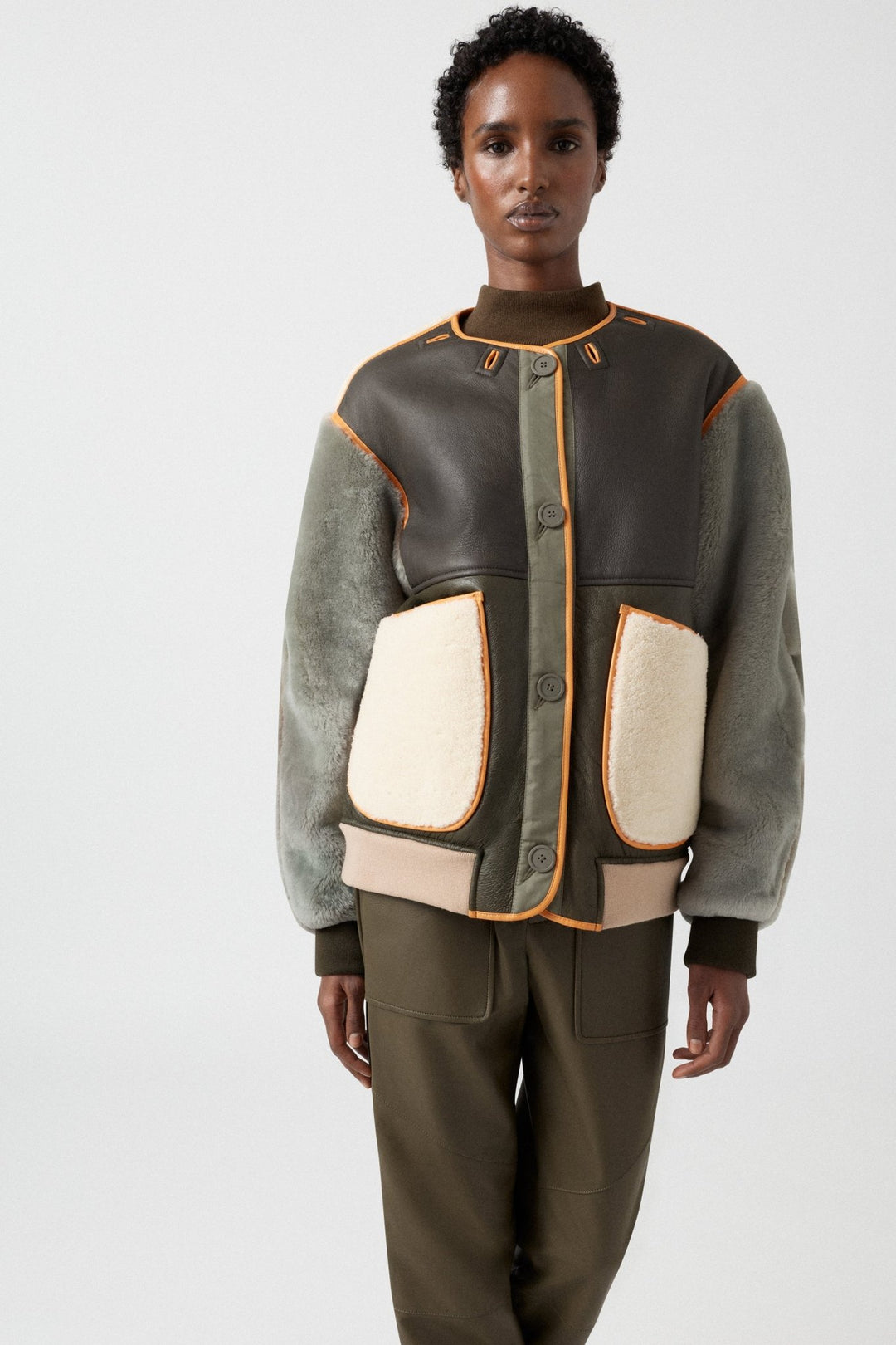 Shearling Wool Bomber - Forest Green / Pale Jade & Natural