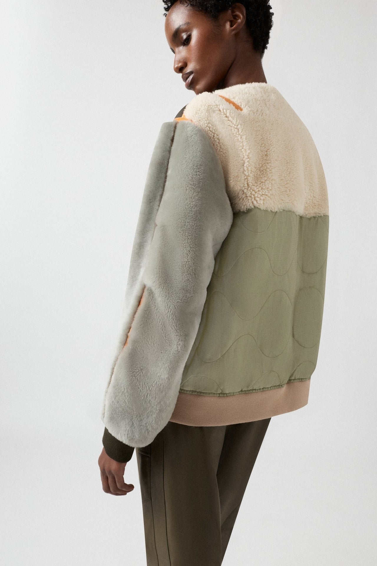 Shearling Wool Bomber - Forest Green / Pale Jade & Natural