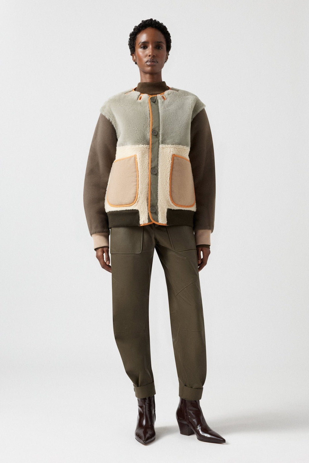 Shearling Wool Bomber - Forest Green / Pale Jade & Natural