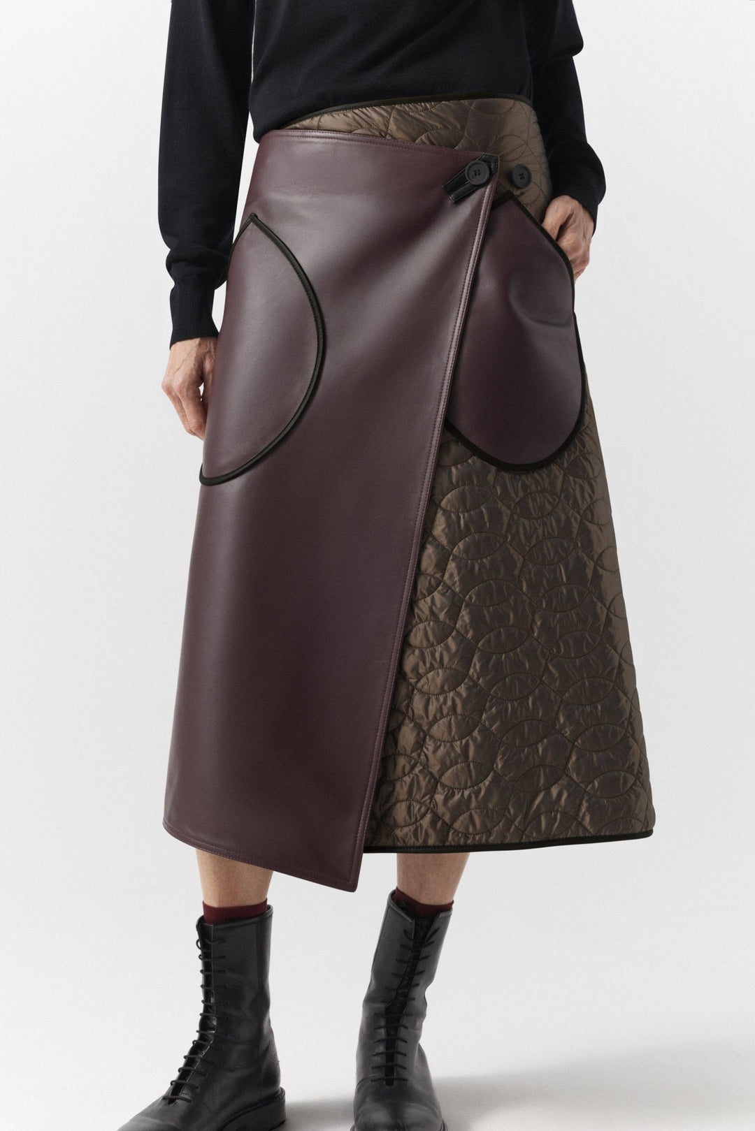 Leather & Nylon Wrap Skirt - Oxblood & Peat