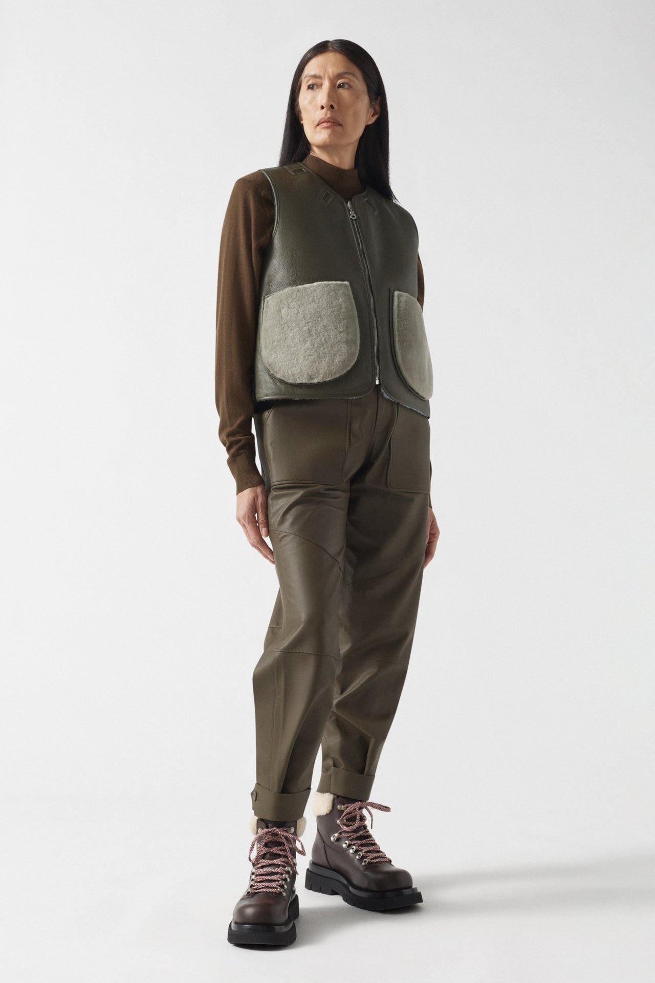 Aviator Shearling Vest - Dark Olive / Sky Blue