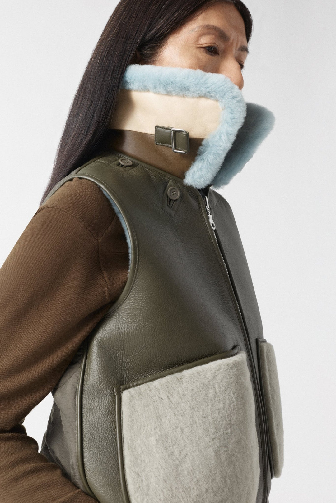 Aviator Shearling Striped Collar - Sky Blue / Cream & Moss