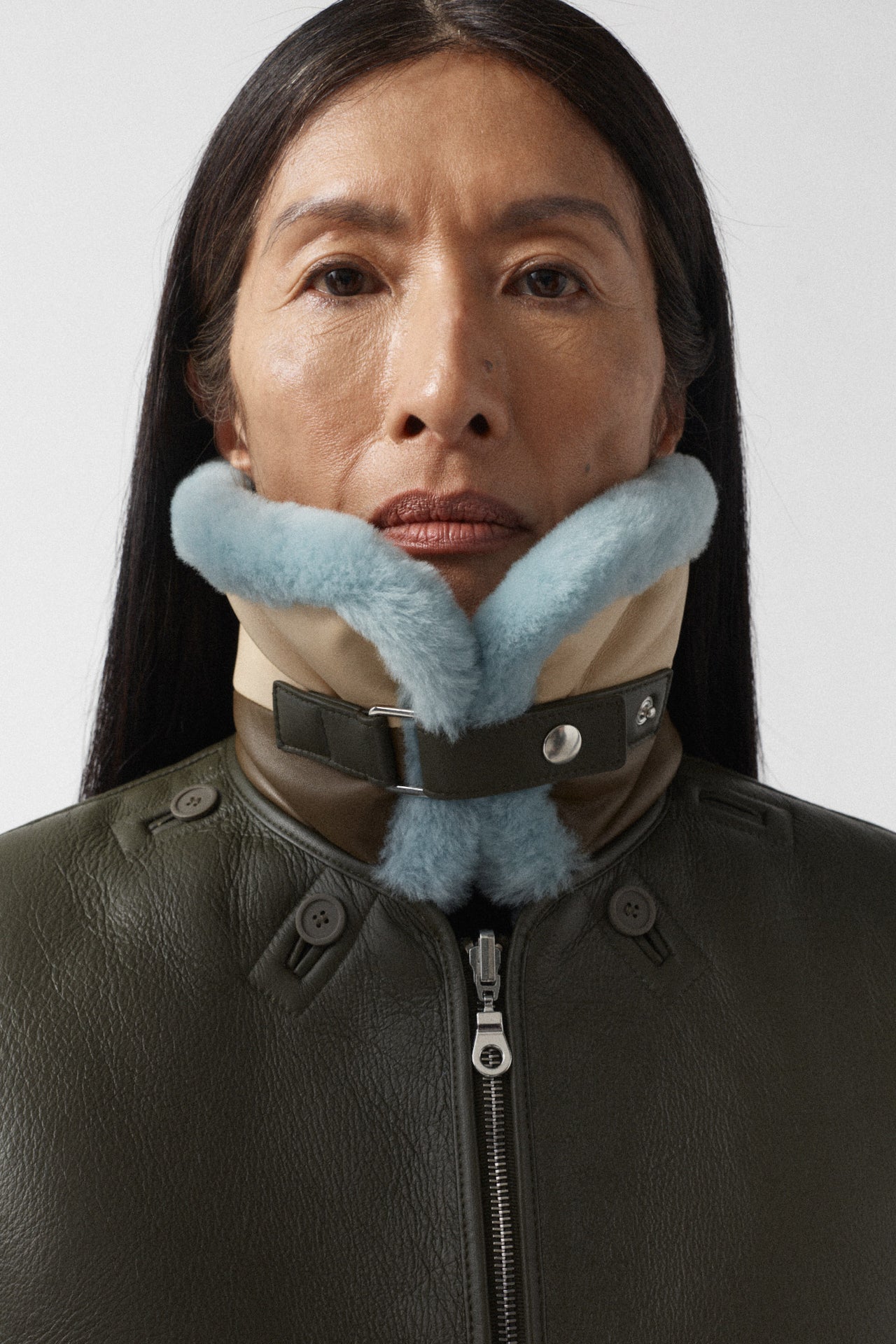 Aviator Shearling Striped Collar - Sky Blue / Cream & Moss