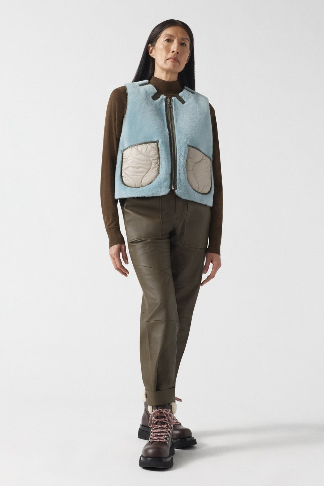 Aviator Shearling Vest - Dark Olive / Sky Blue