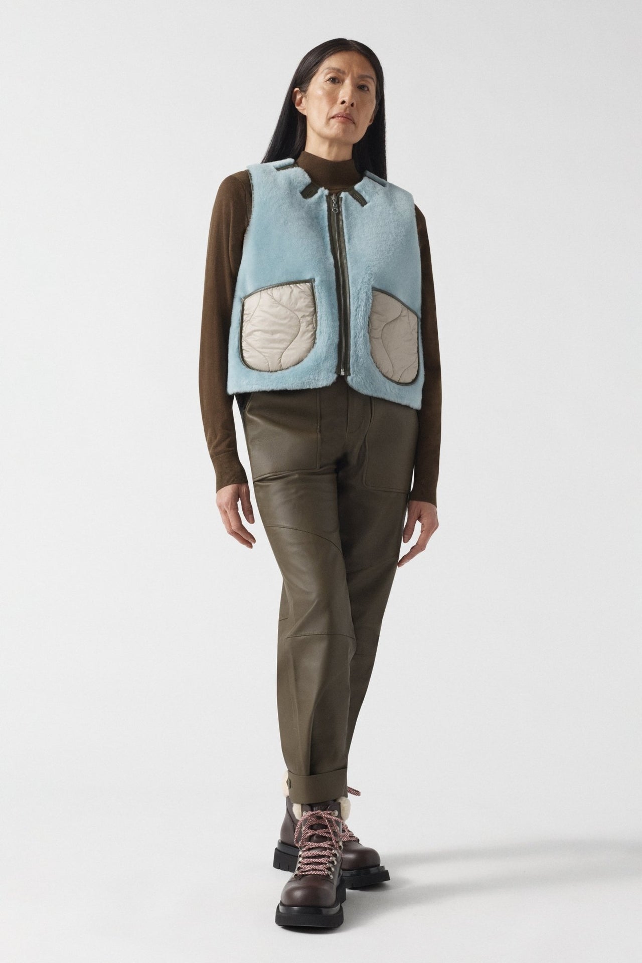 Aviator Shearling Vest - Dark Olive / Sky Blue