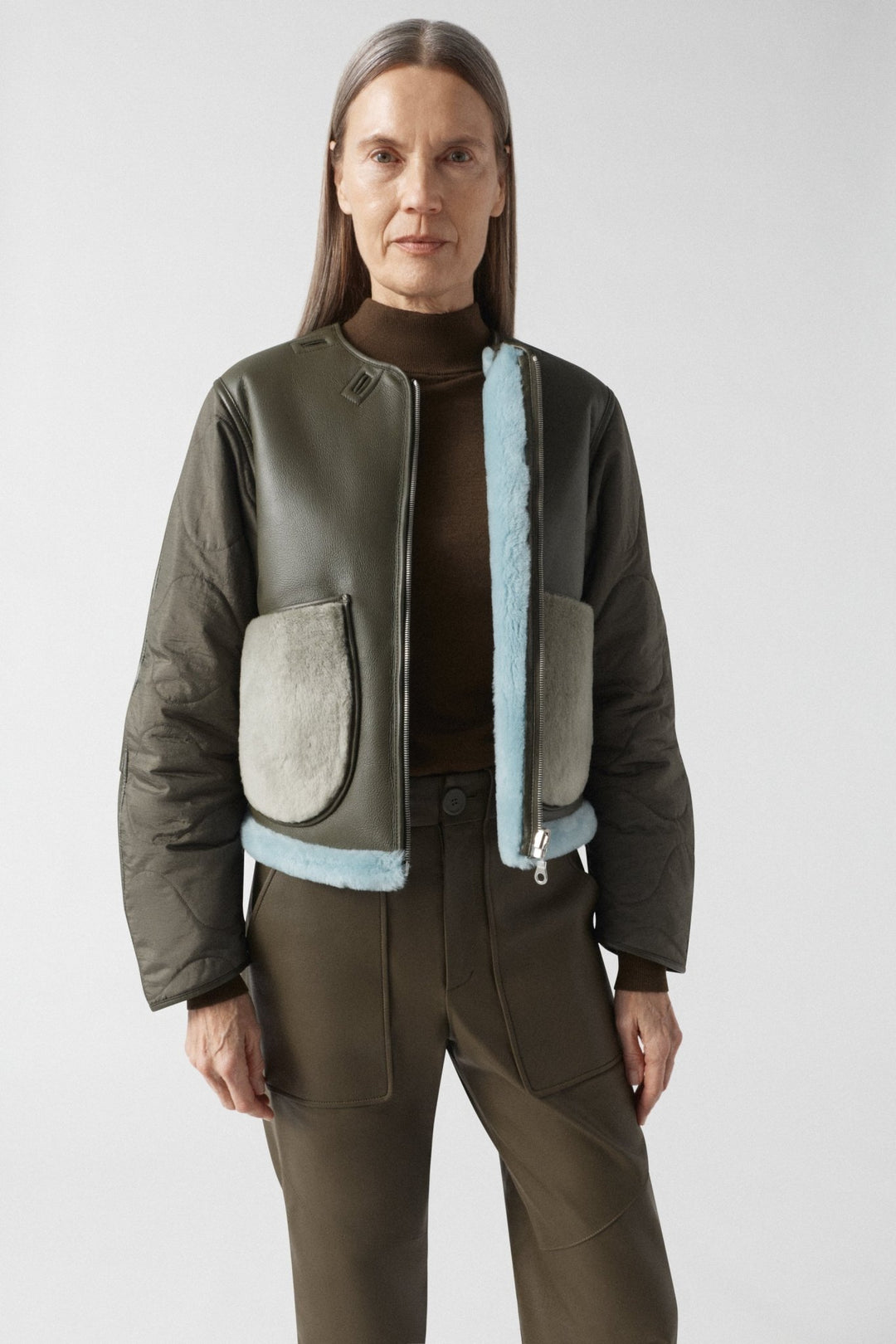 Aviator Shearling Jacket - Dark Olive / Sky Blue