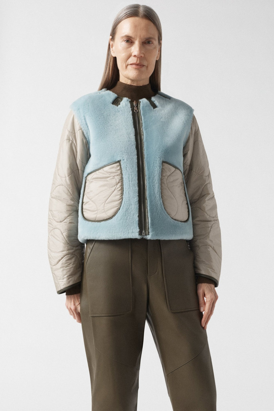Aviator Shearling Jacket - Dark Olive / Sky Blue