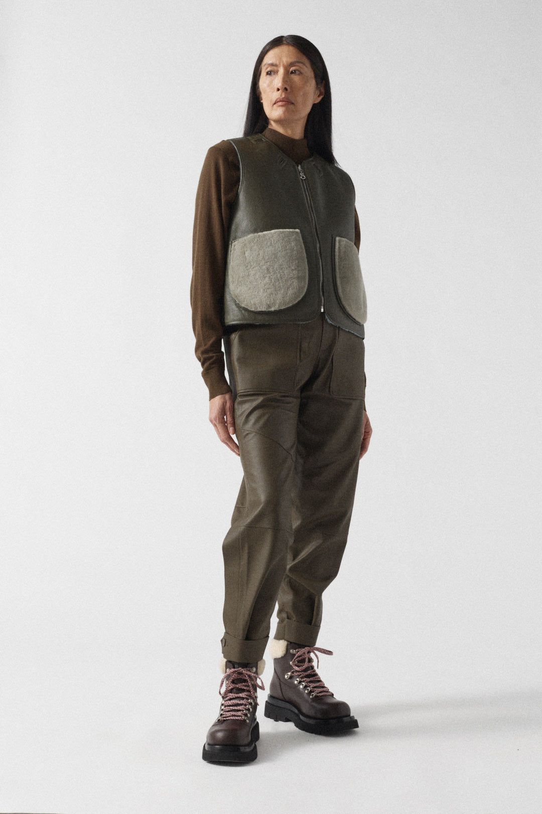 Aviator Shearling Vest - Dark Olive / Sky Blue