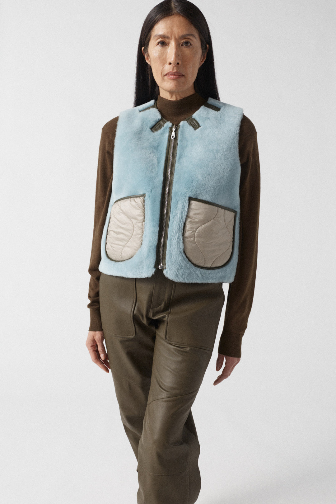 Aviator Shearling Vest - Dark Olive / Sky Blue