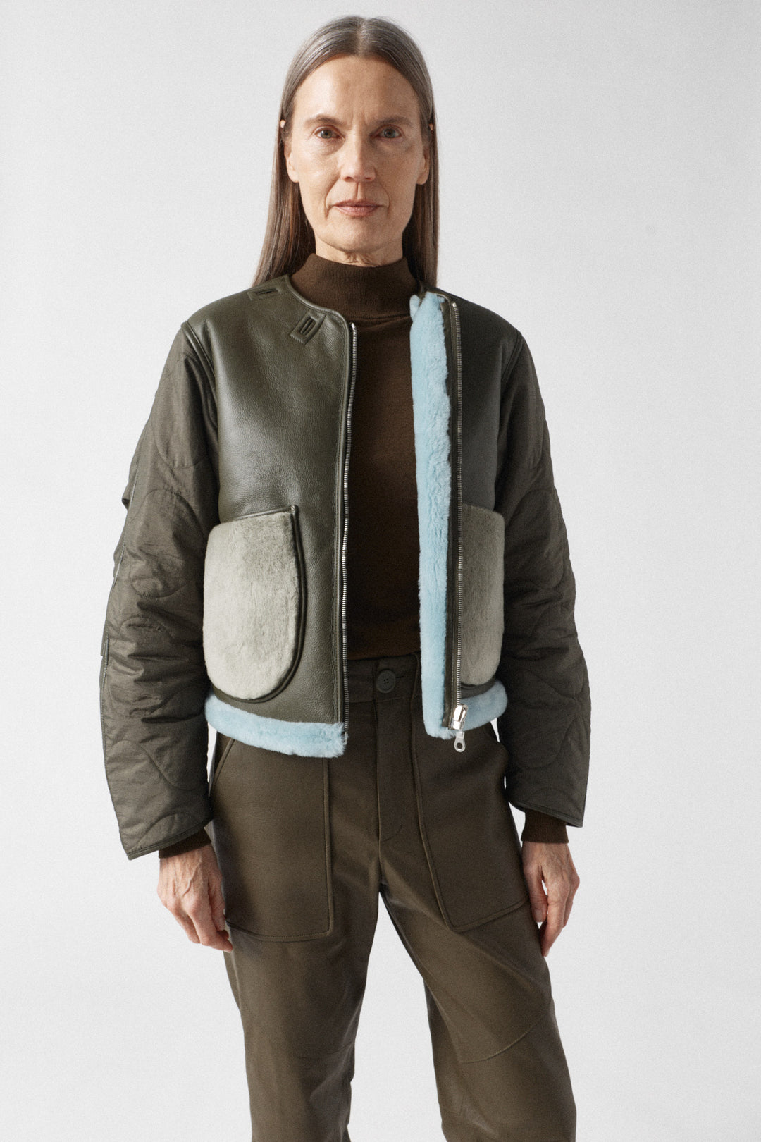 Aviator Shearling Jacket - Dark Olive / Sky Blue