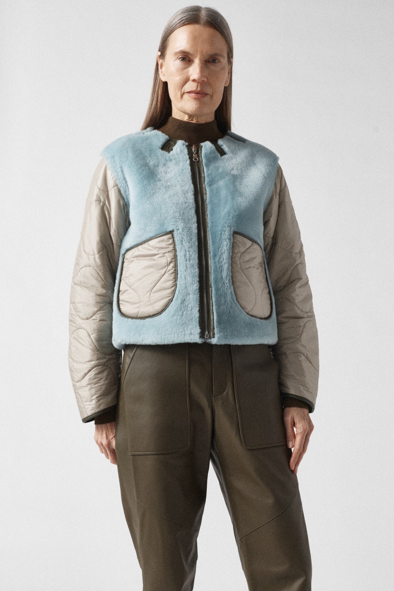 Aviator Shearling Jacket - Dark Olive / Sky Blue