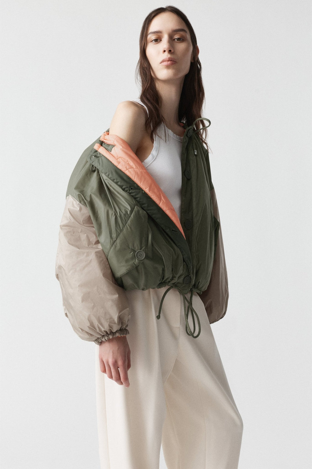 Parachute Quilted Bomber - Bright Rose / Pale Olive & Dove Grey