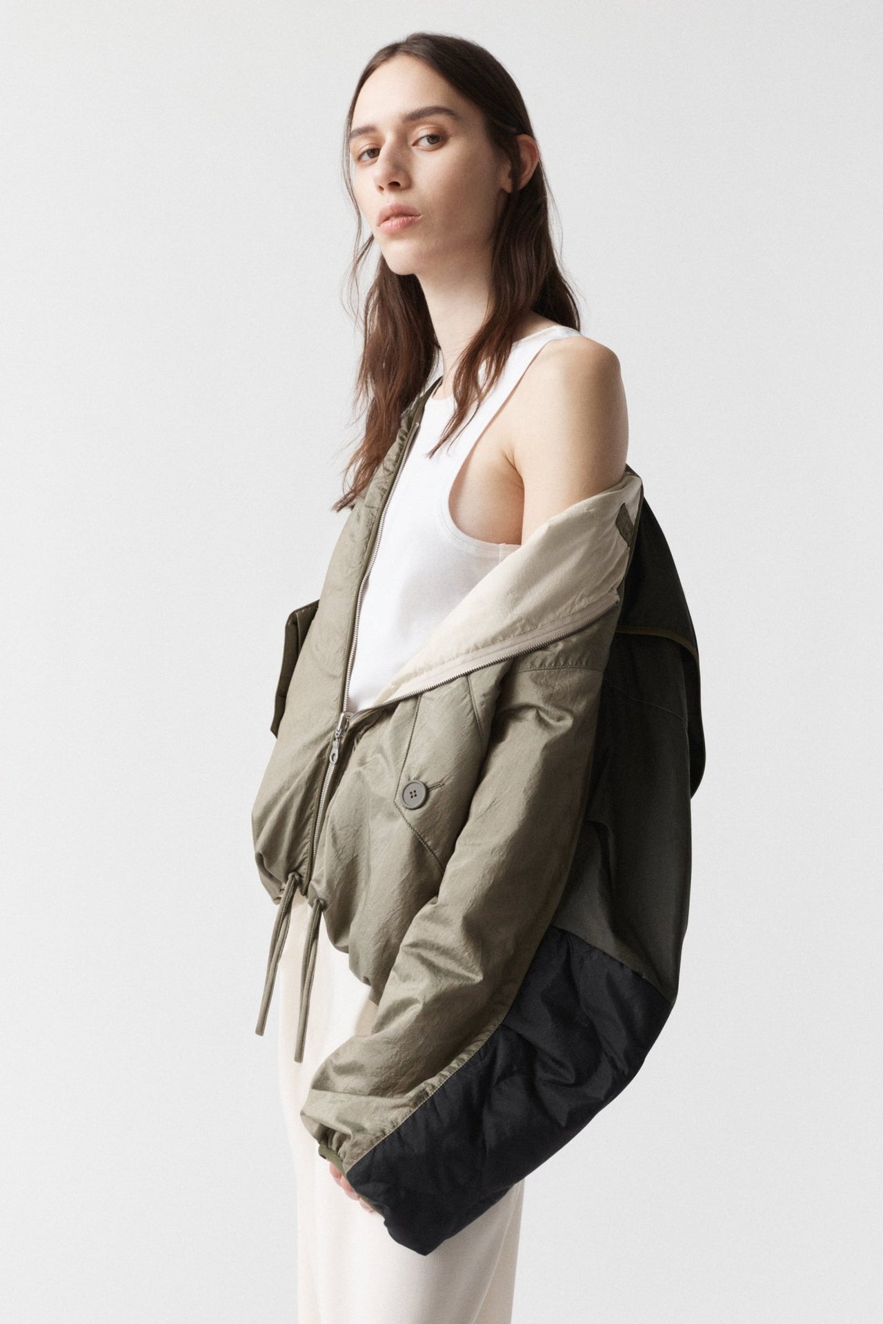 Parachute Silk Nylon Bomber - Pale Olive / Oyster