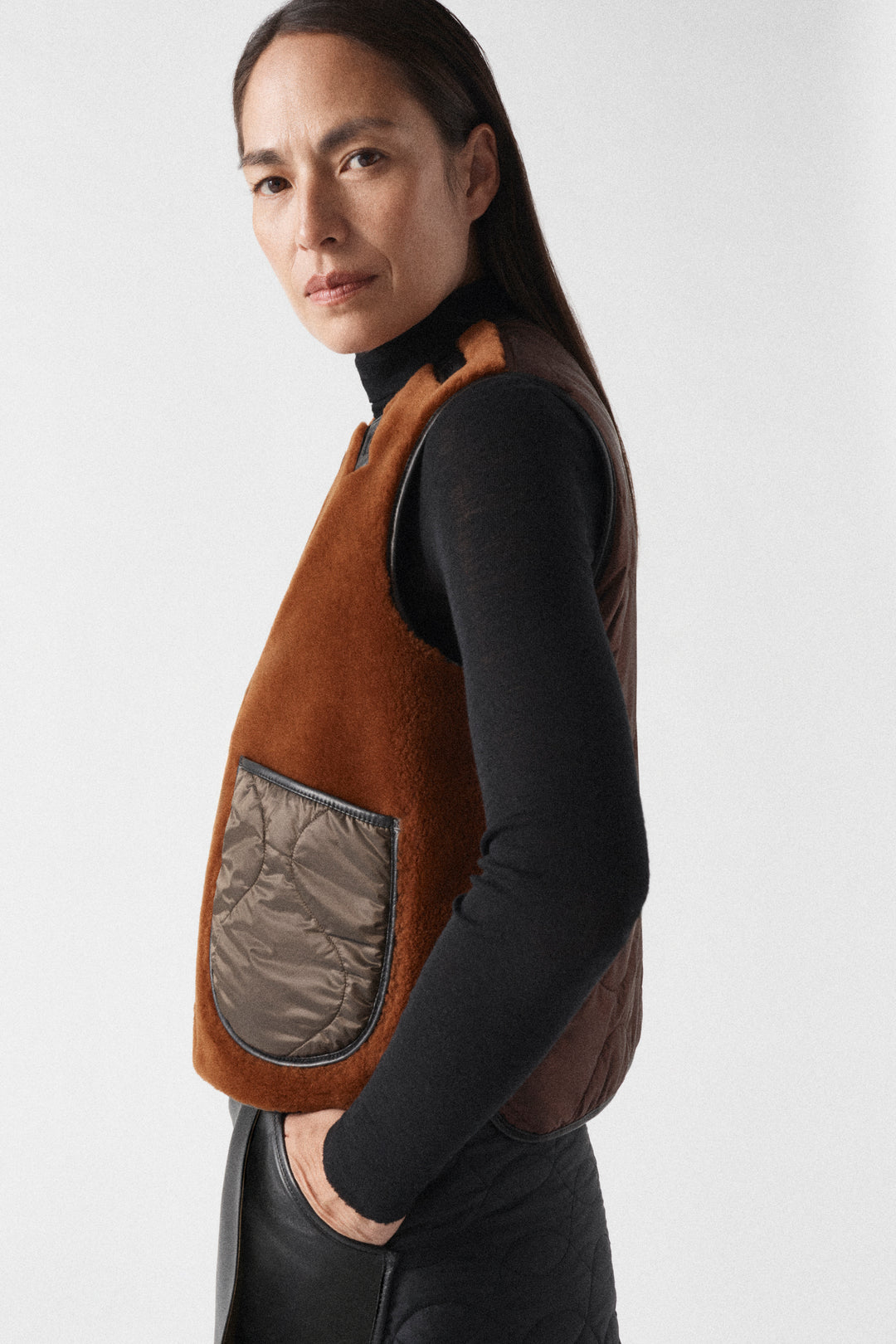 Aviator Shearling Vest - Dark Brown / Amber