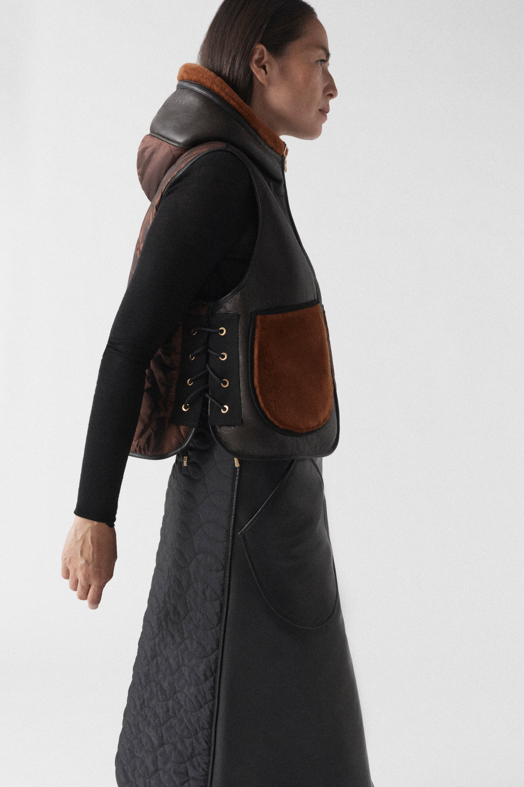 Aviator Shearling Lattice Zip Hood - Dark Brown / Amber