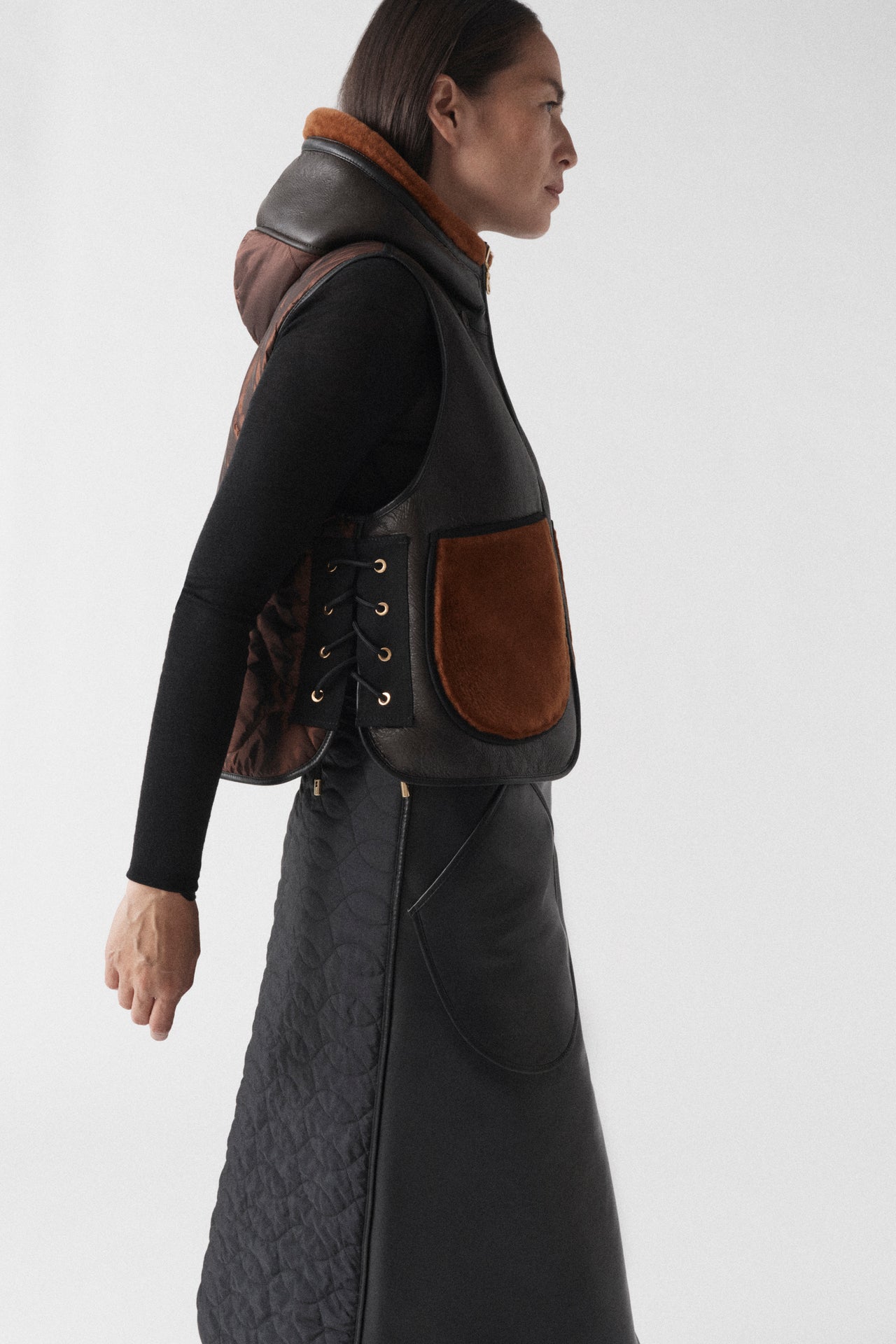 Aviator Shearling Lattice Zip Hood - Dark Brown / Amber