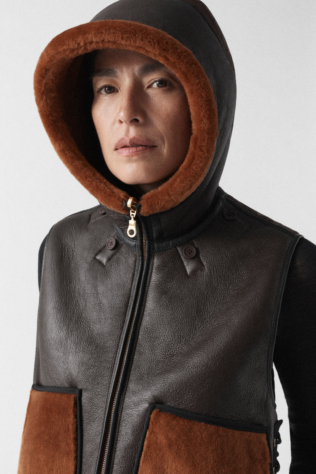 Aviator Shearling Lattice Zip Hood - Dark Brown / Amber