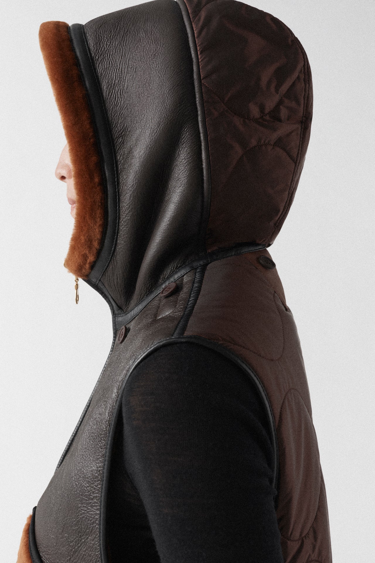 Aviator Shearling Lattice Zip Hood - Dark Brown / Amber