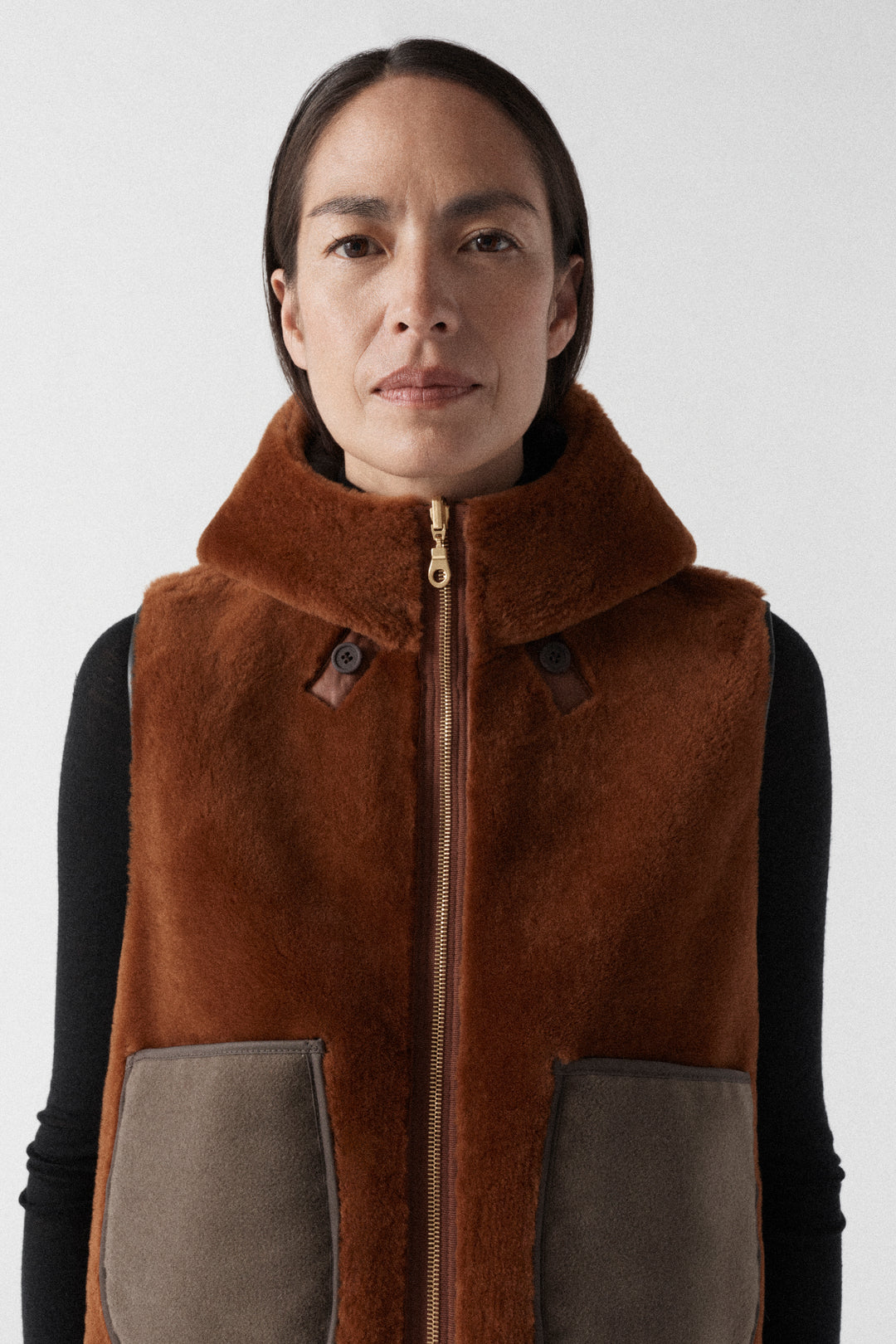 Aviator Shearling Lattice Zip Hood - Dark Brown / Amber