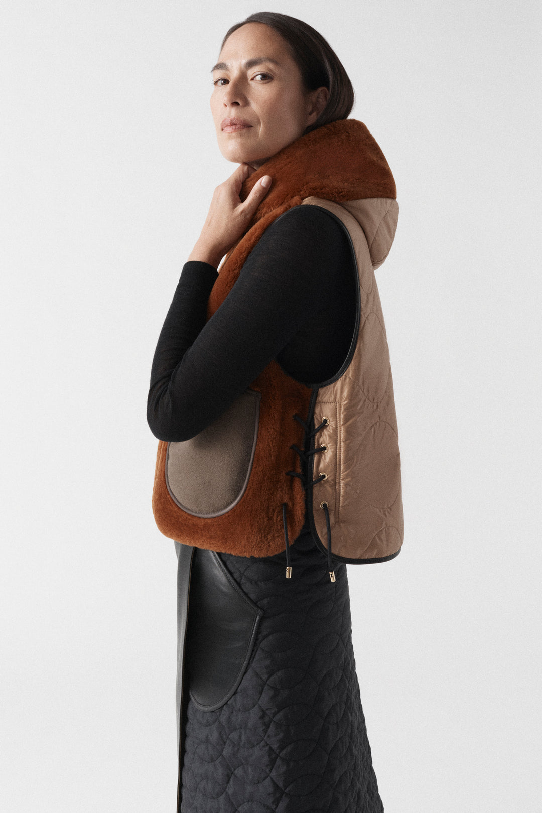 Aviator Shearling Lattice Zip Hood - Dark Brown / Amber