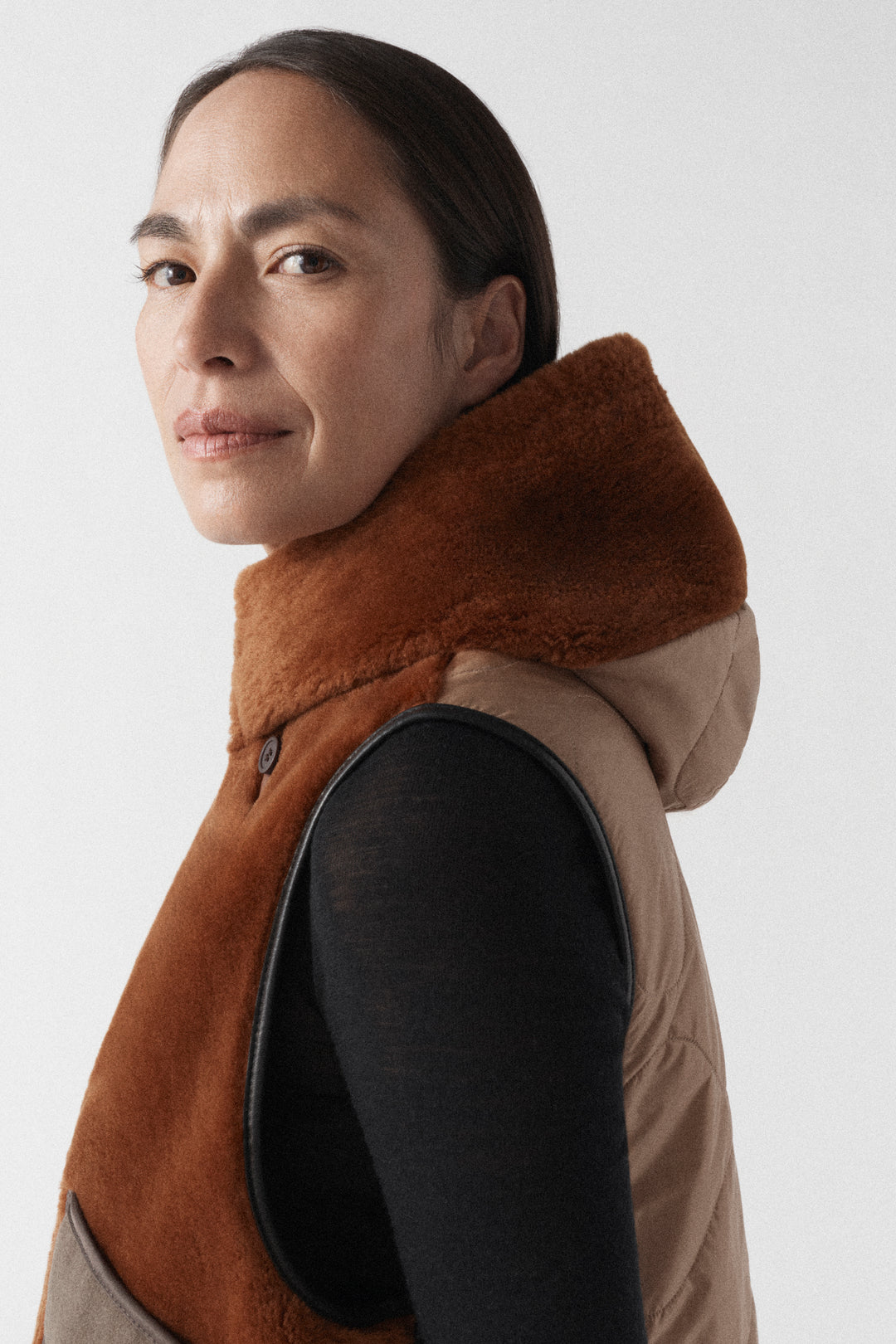 Aviator Shearling Lattice Zip Hood - Dark Brown / Amber