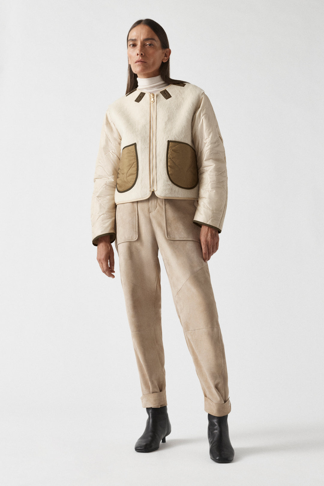 Aviator Bonded Alpaca Jacket - Stone Suede / Natural Alpaca