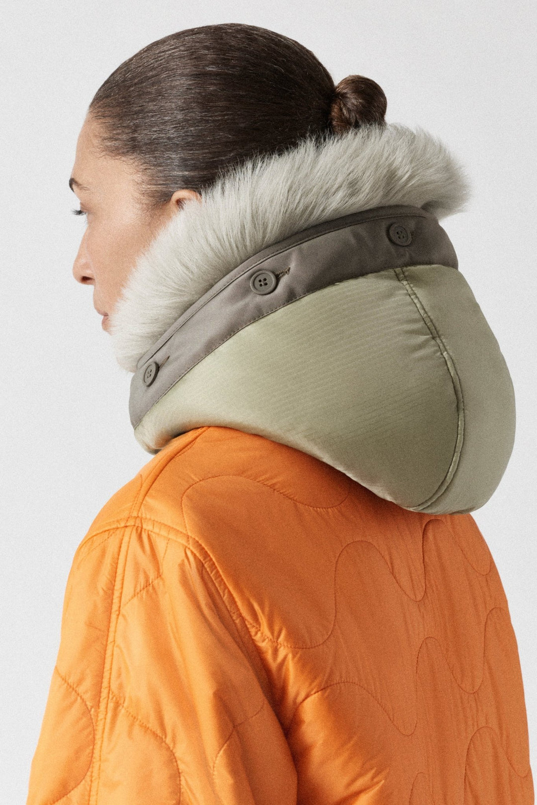 Quilt Hood Shearling Trim - Pale Sage / Patrol Orange