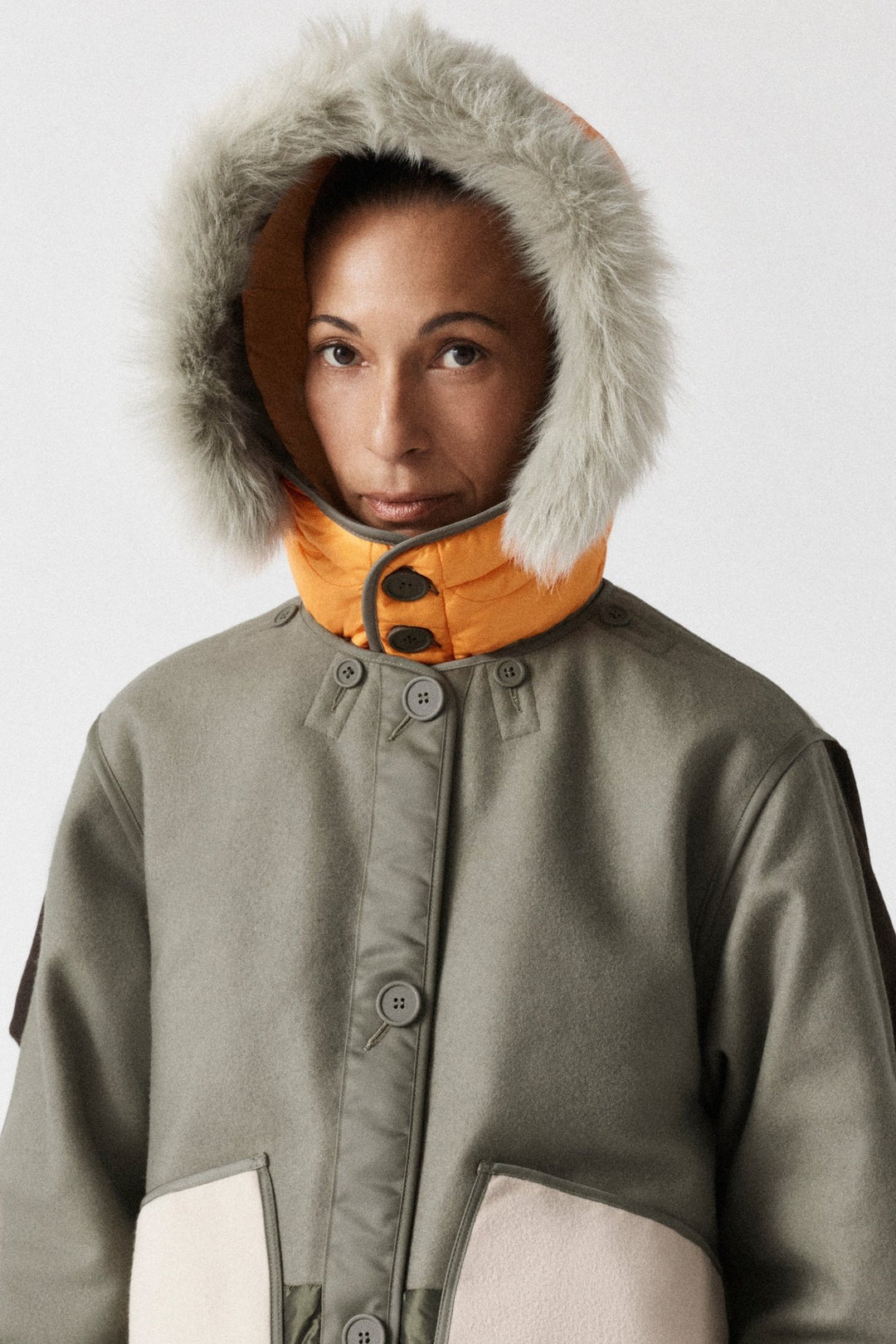 Quilt Hood Shearling Trim - Pale Sage / Patrol Orange