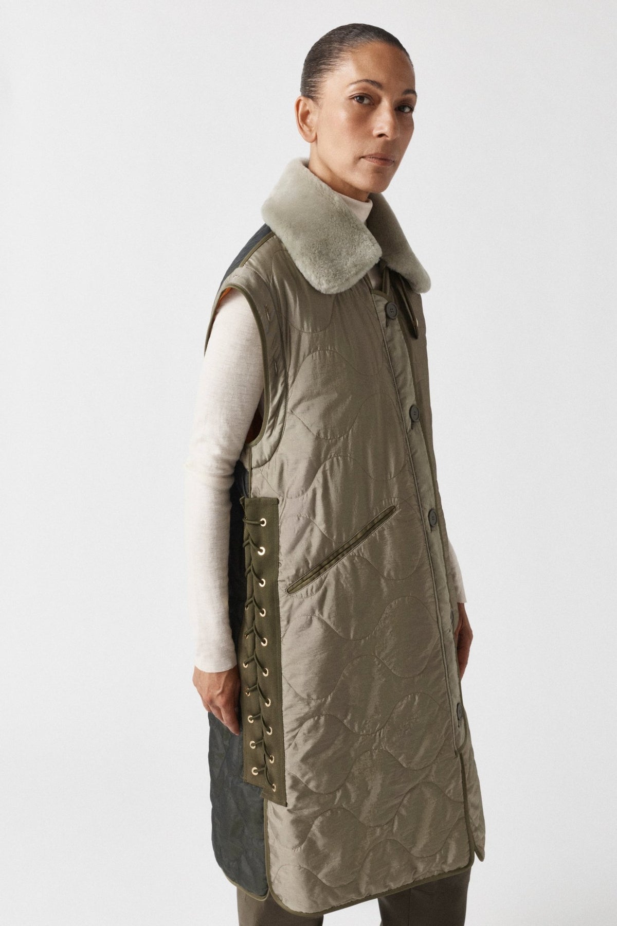 Aviator Shearling Striped Collar - Pale Jade / Orange & Moss