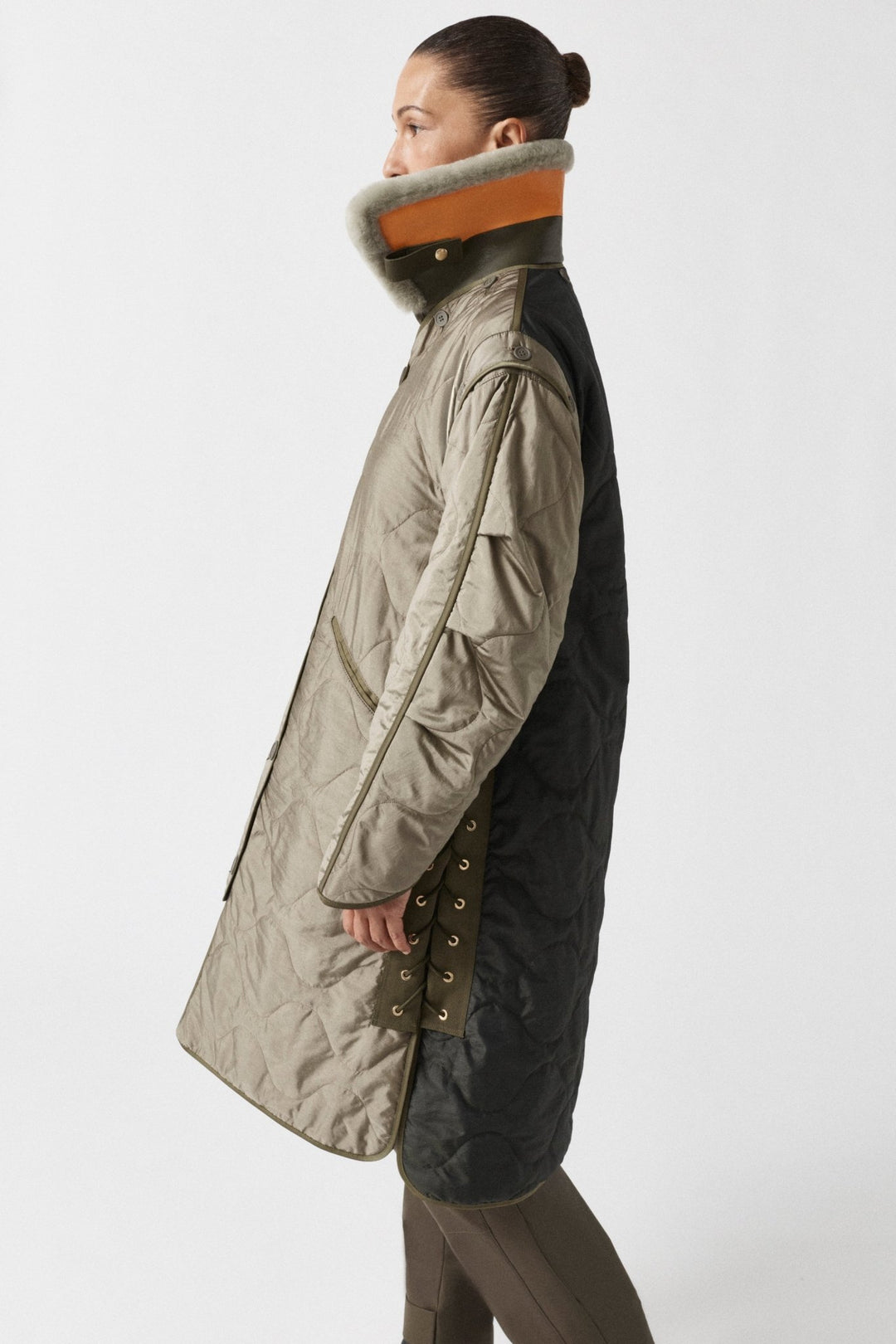 Aviator Shearling Striped Collar - Pale Jade / Orange & Moss