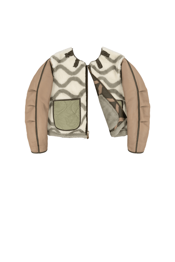 Intarsia Shearling Cropped Aviator Jacket - Dark Olive / Natural - Layer 6