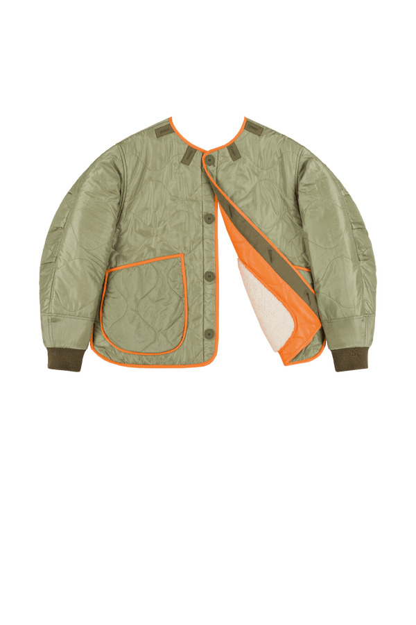 Shearling Leather Quilt Bomber - Orange / Pale Sage - Layer 6