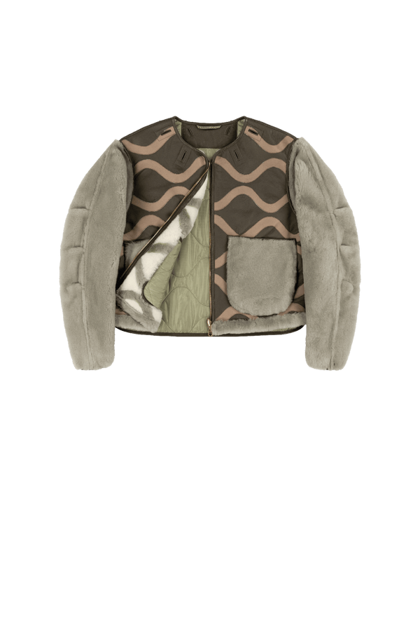 Intarsia Shearling Cropped Aviator Jacket - Dark Olive / Natural - Layer 1
