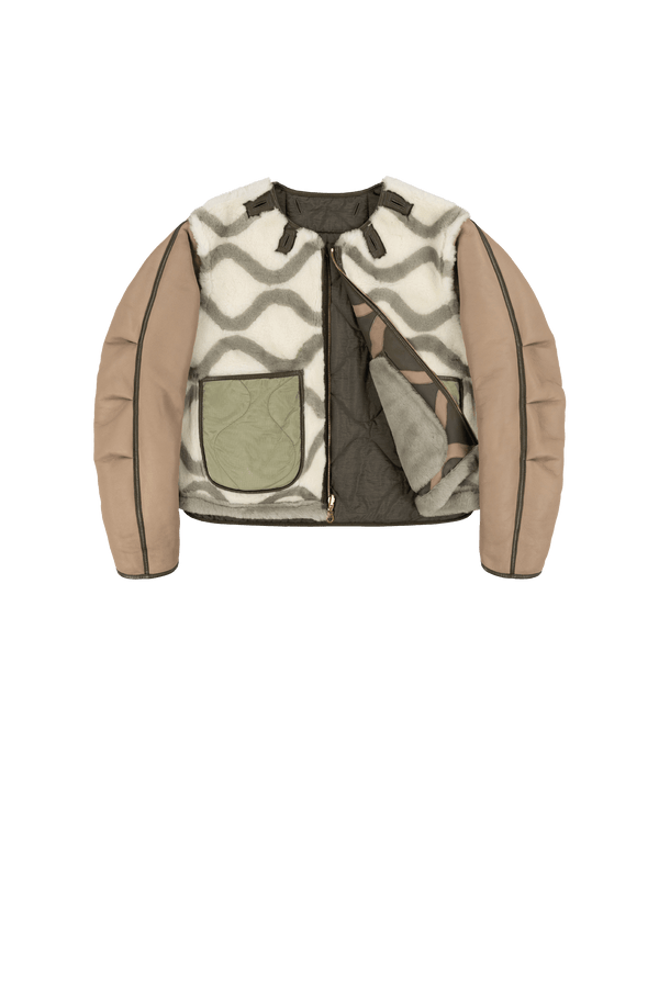 Intarsia Shearling Cropped Aviator Jacket - Dark Olive / Natural - Layer 1