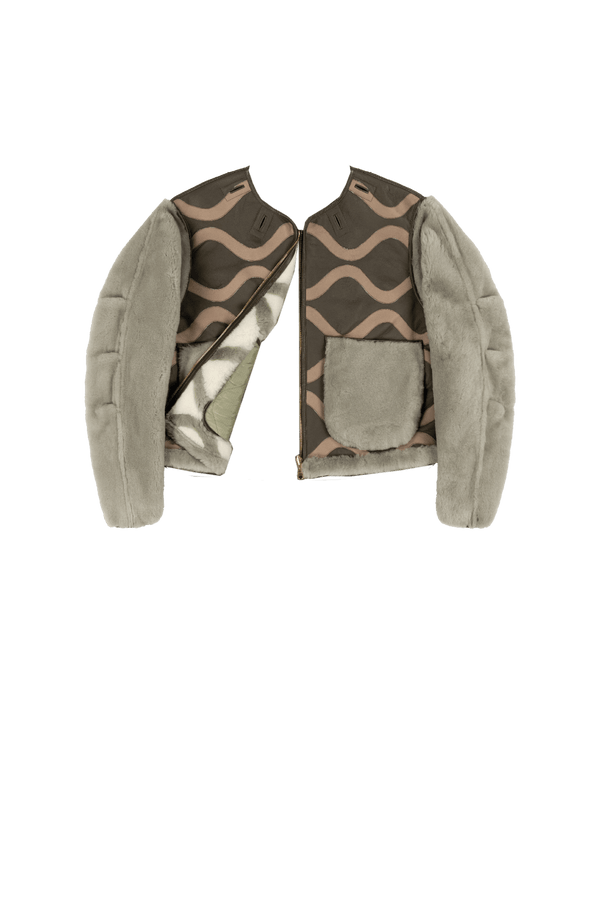 Intarsia Shearling Cropped Aviator Jacket - Dark Olive / Natural - Layer 6